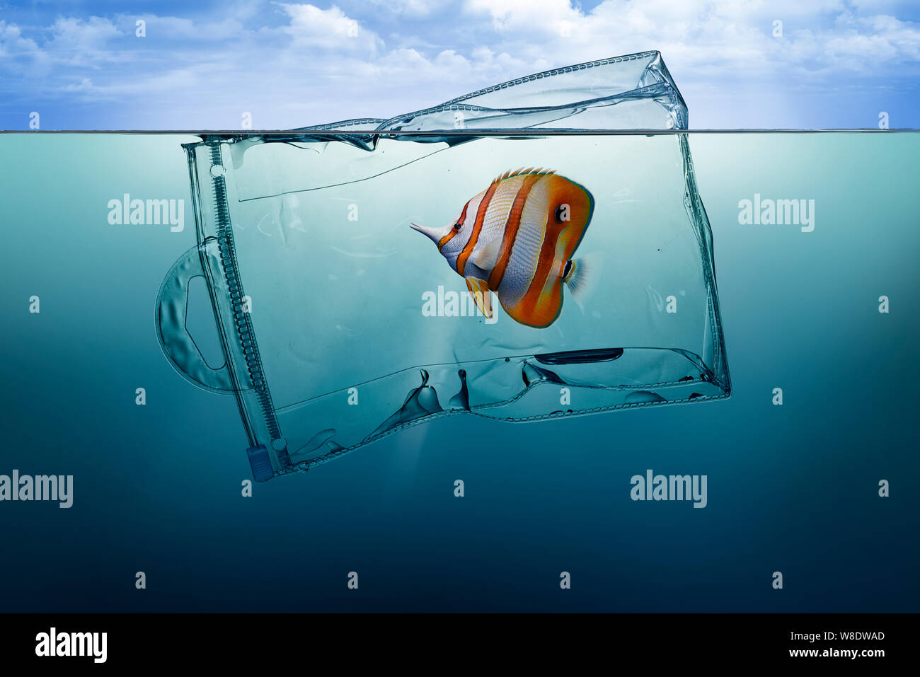 Il sacchetto di plastica con pesce, inquinamento che galleggia nell'oceano. Foto Stock