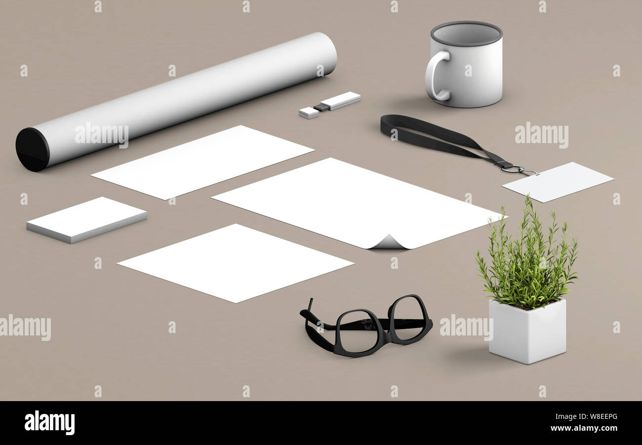 Blank corporate stationery su sfondo marrone. Il Branding mock up per presentazioni e portafogli di business. Il rendering 3D Foto Stock