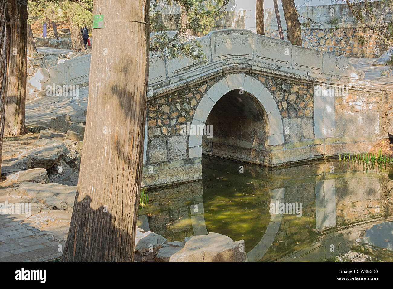 Piccolo ponte in pietra del Palazzo Estivo, ex giardino imperiale Foto Stock