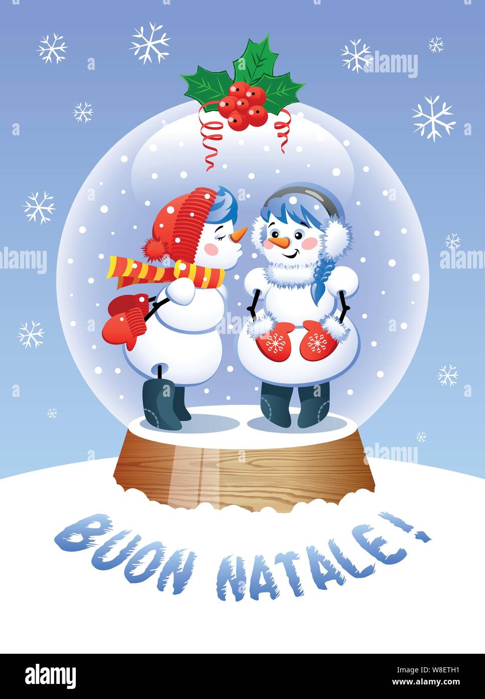 Buon Natale in lingua italiana. Un simpatico Natale Snow Globe con un bacio pupazzo di neve all'interno. Illustrazione Vettoriale. Illustrazione Vettoriale