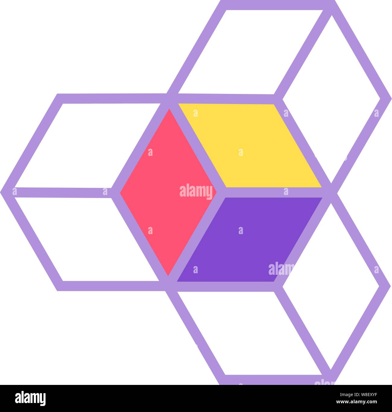 3 scatola di styling di logo in una configurazione geometrica unite insieme con una rosa, giallo e viola rivolta Illustrazione Vettoriale