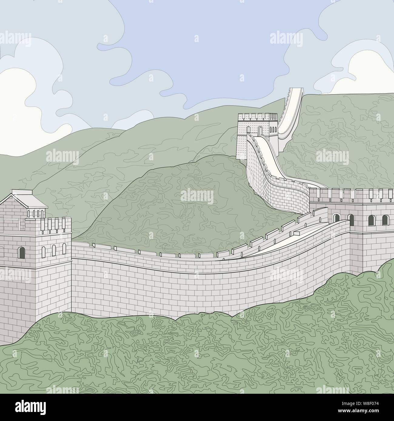 La Grande Muraglia della Cina. Una illustrazione di linea con tinte di colori. Il muro corre attraverso colline con alcuni grandi nuvole e cielo blu in background Illustrazione Vettoriale