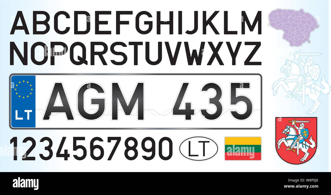 La lituania auto targa, lettere, numeri e simboli, illustrazione vettoriale, Unione Europea Illustrazione Vettoriale