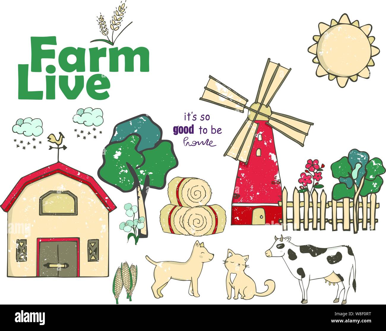 Insieme di agricoltori o lavoratori agricoli che piantano colture, raccogliendo raccolto, raccogliendo mele, nutrendo animali da fattoria, trasportando frutta, mungendo mucca Illustrazione Vettoriale