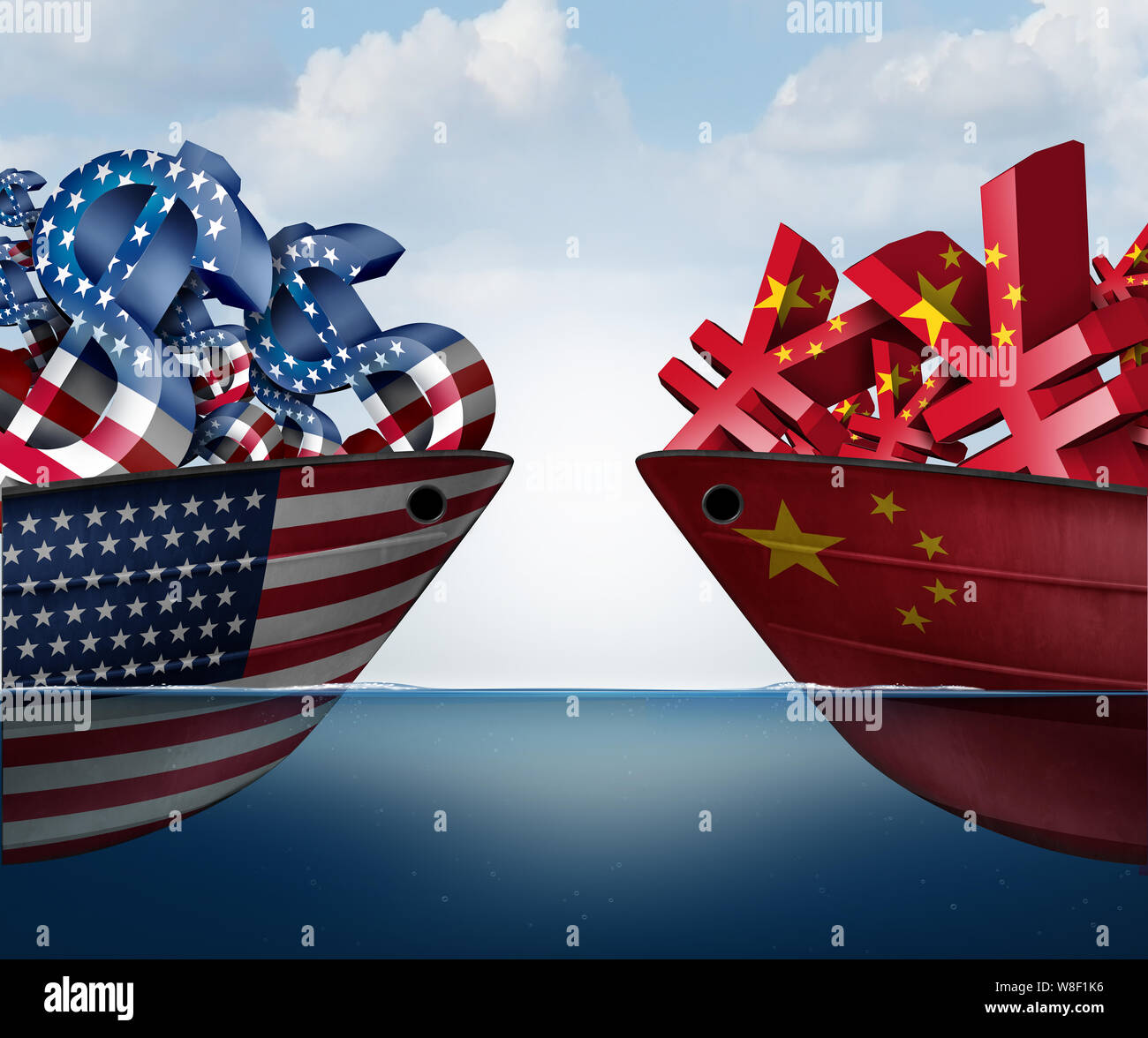 La Cina valuta statunitense controversia e guerra commerciale come un yuan cinese simbolo in conflitto con il dollaro americano icona come una lotta economica concetto. Foto Stock