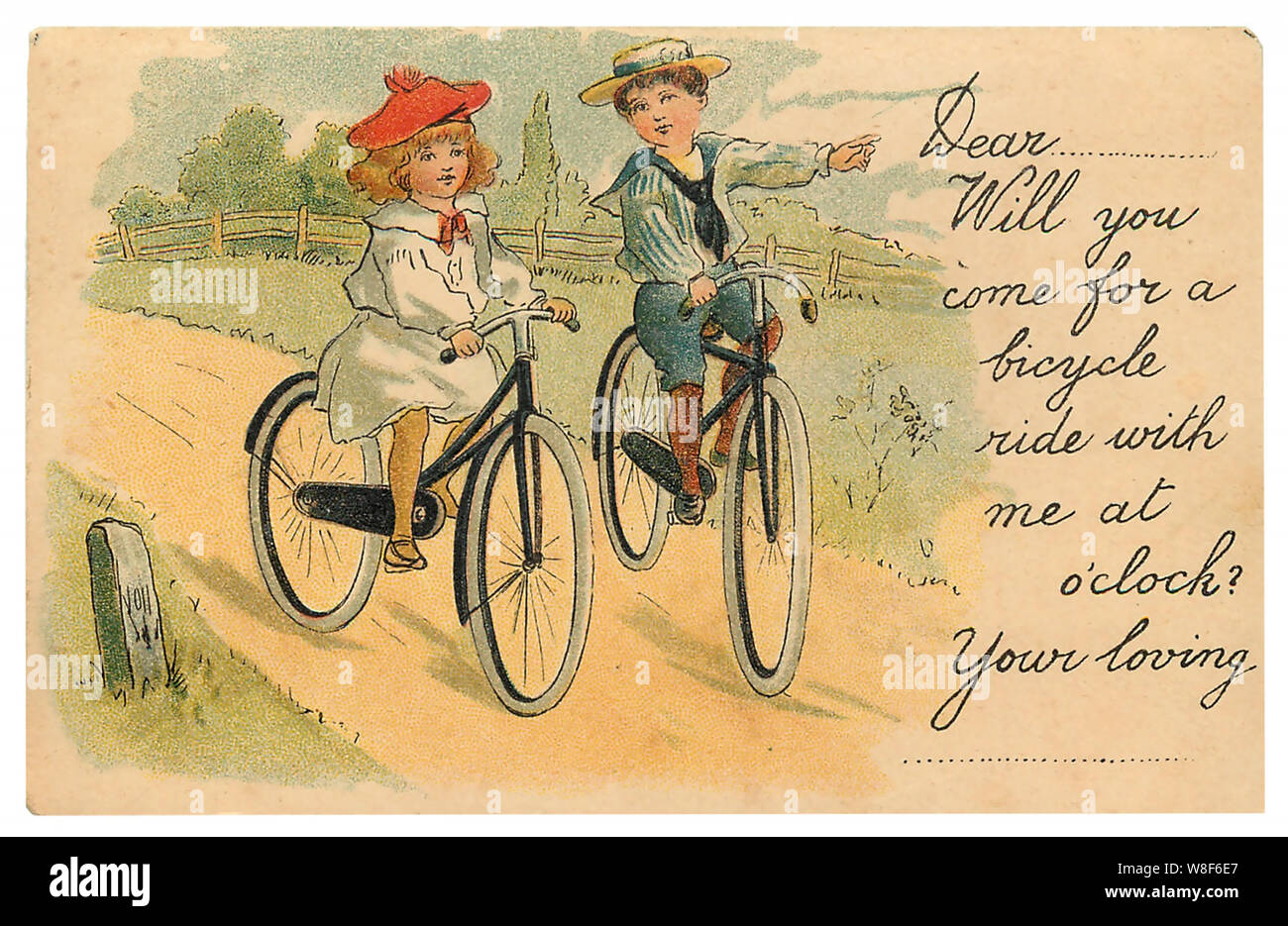 Bambini su biciclette vintage arte cartolina Foto stock - Alamy