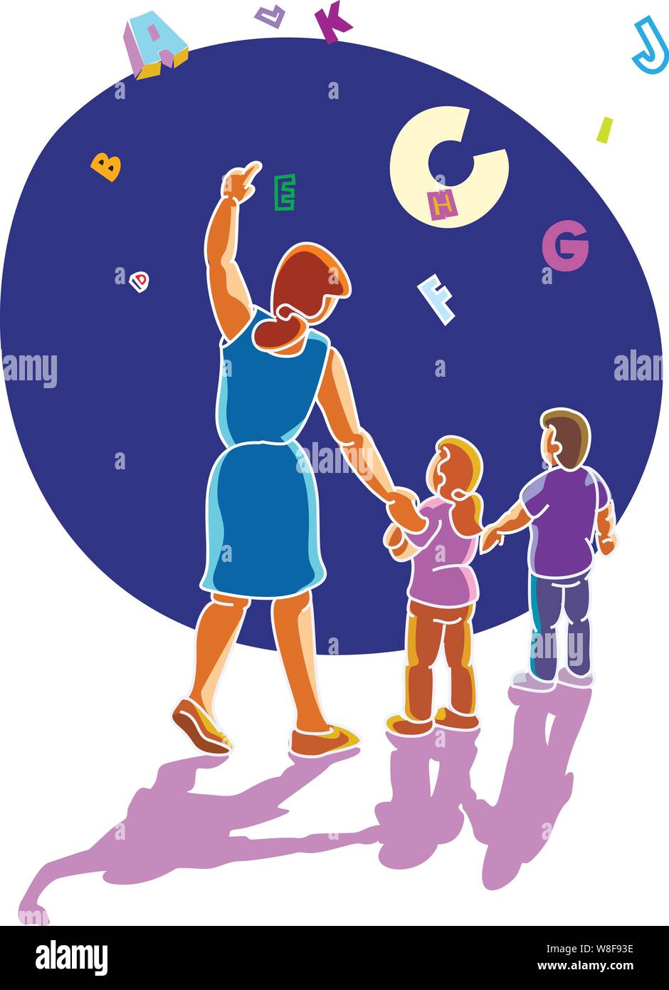 Insegnante femmina con due bambini mostrando loro le lettere dall'alfabeto come galleggiano pensato il cielo Illustrazione Vettoriale