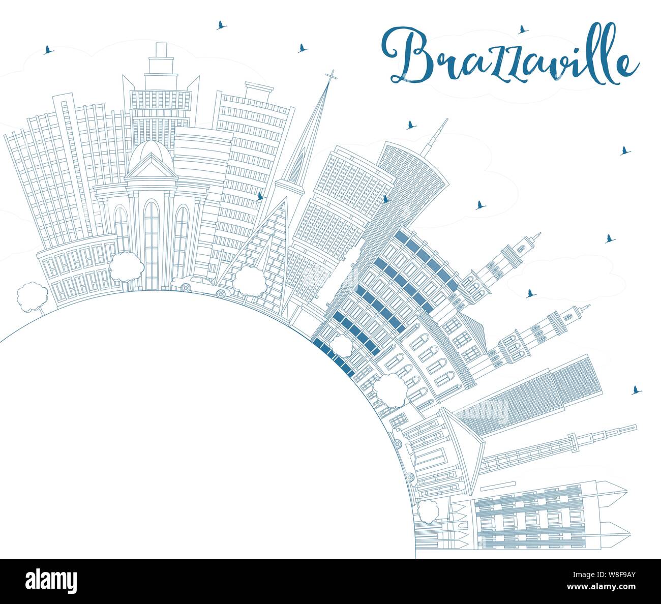 Profilo di Brazzaville Repubblica del Congo skyline della città con edifici blu e copia di spazio. Illustrazione Vettoriale. Illustrazione Vettoriale