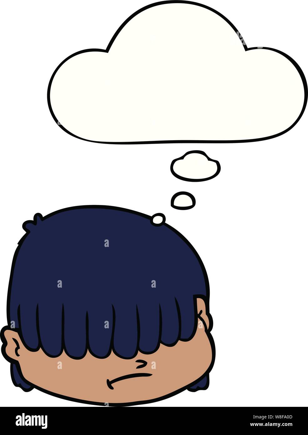 Cartoon faccia con capelli sopra gli occhi con fumetto pensiero Illustrazione Vettoriale