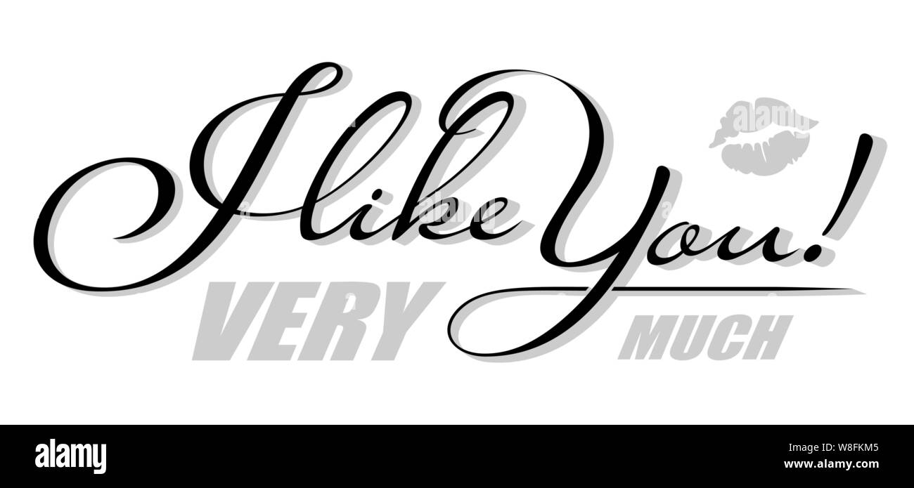 Manoscritta testo isolato lei mi piace molto con kiss ombra. Illustrazione Vettoriale