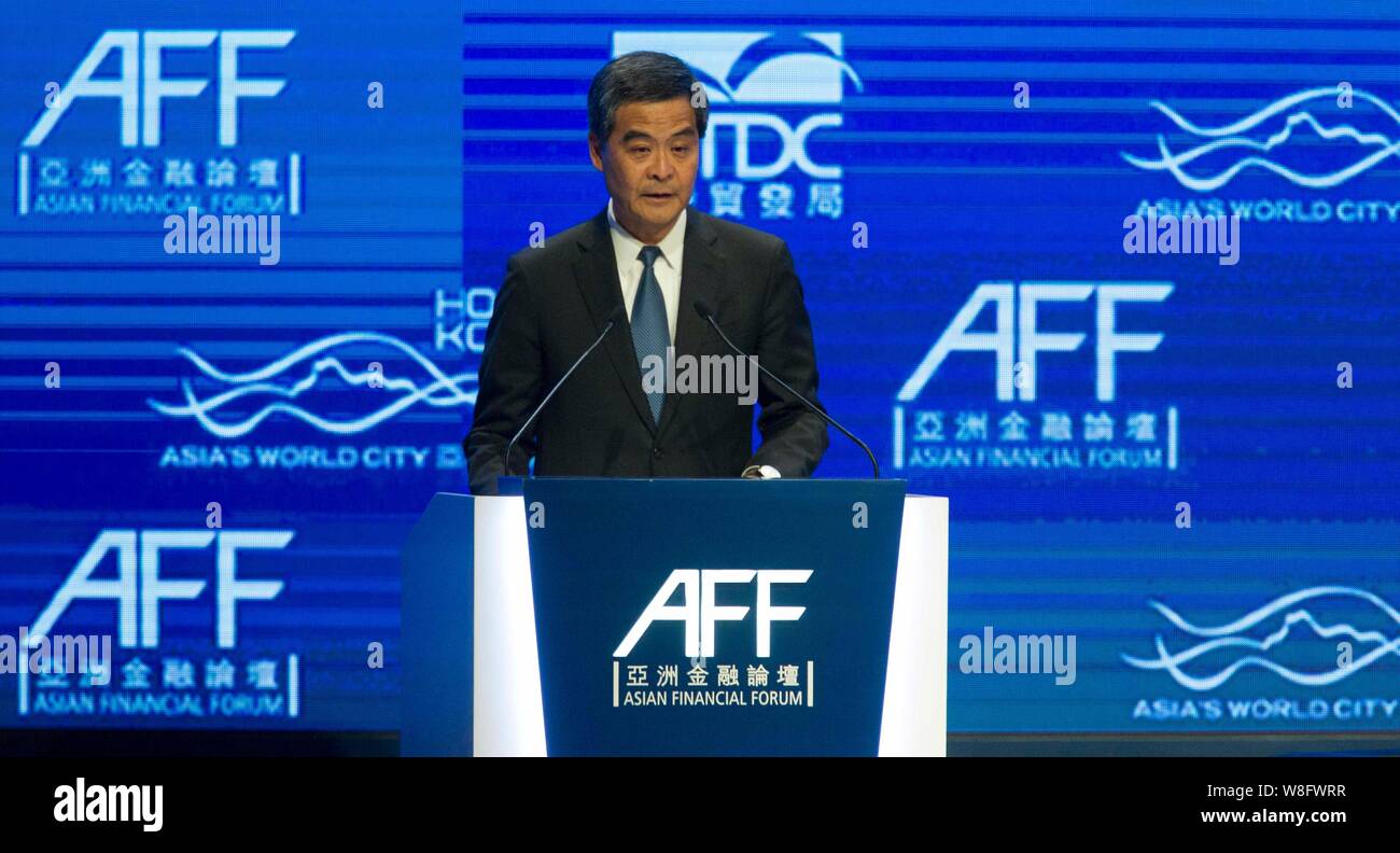 Hong Kong Chief Executive Leung Chun-ying parla all'ottavo Asian Forum finanziario (AFF) a Hong Kong, Cina, 19 gennaio 2015. L'ottava Financ asiatica Foto Stock