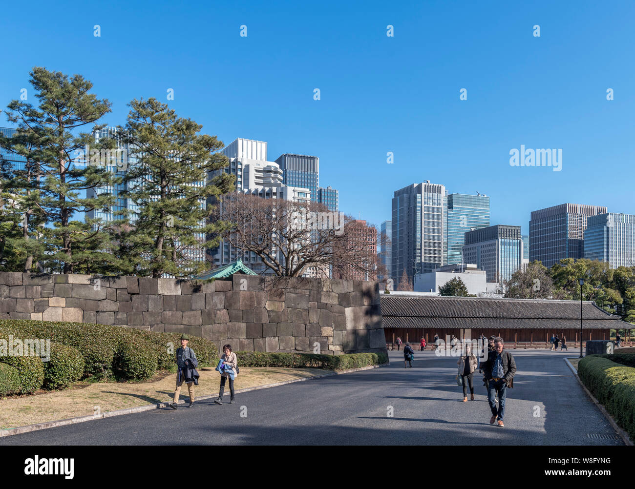 Grattacieli del quartiere Marunouchi visto dai Giardini Est del Palazzo Imperiale, Tokyo, Giappone Foto Stock