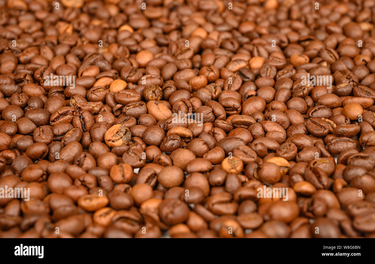Caffè torrefatto in grani di close-up. Immagine di sfondo, texture. Foto Stock