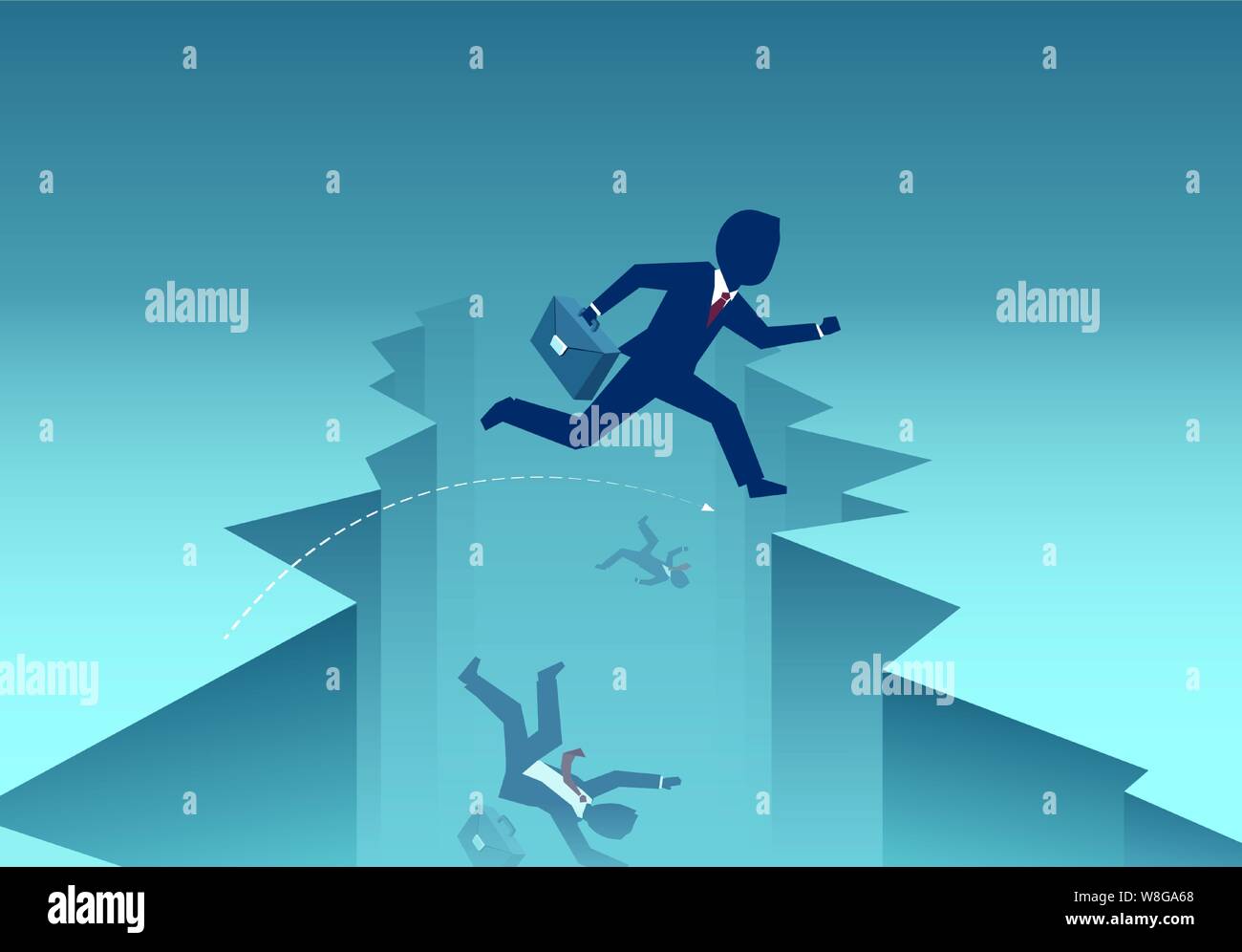 Vettore di una imprenditori saltando su uno spazio di superare ostacoli, il resto cadere dalla scogliera. Illustrazione Vettoriale