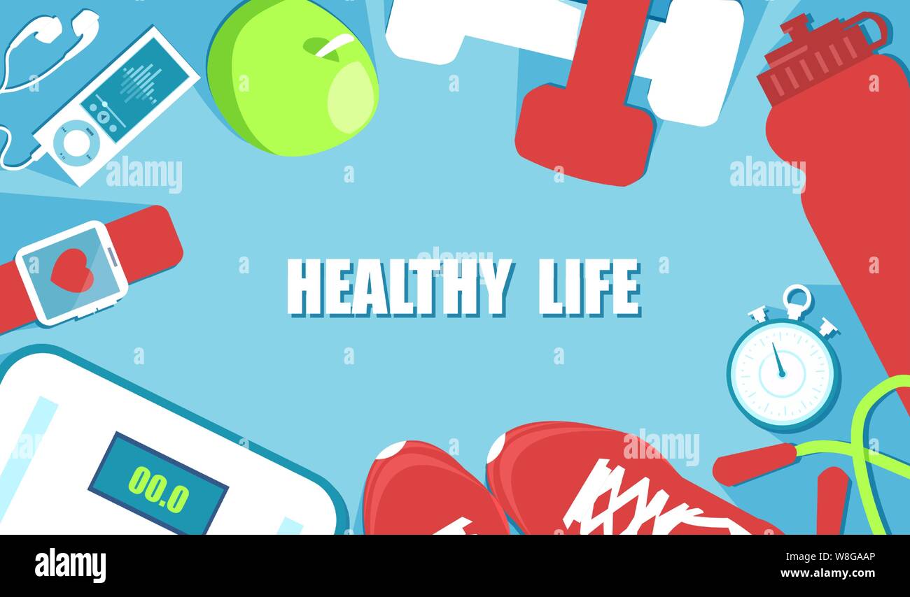 Banner di vettore per il fitness, sport, dieta e stile di vita sano concetto Illustrazione Vettoriale