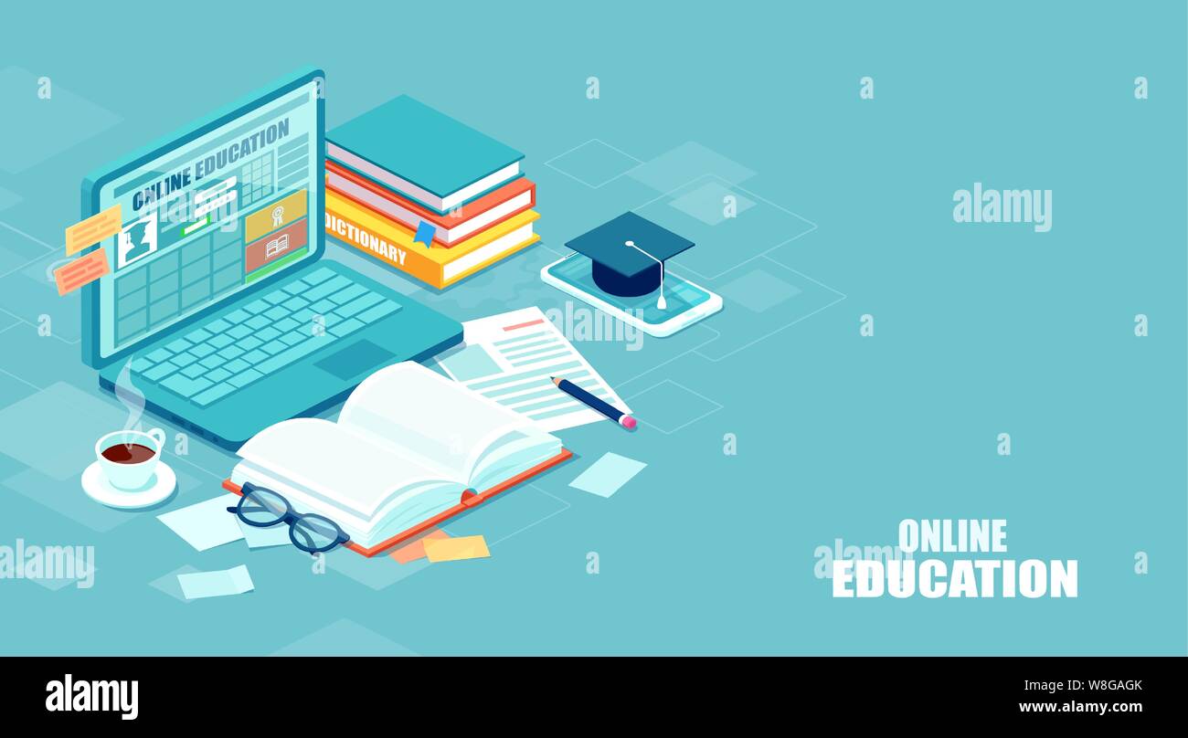 Online il concetto di istruzione. Vettore di una Student desk con un laptop, libro, notepad, studiare in remoto tramite internet Illustrazione Vettoriale