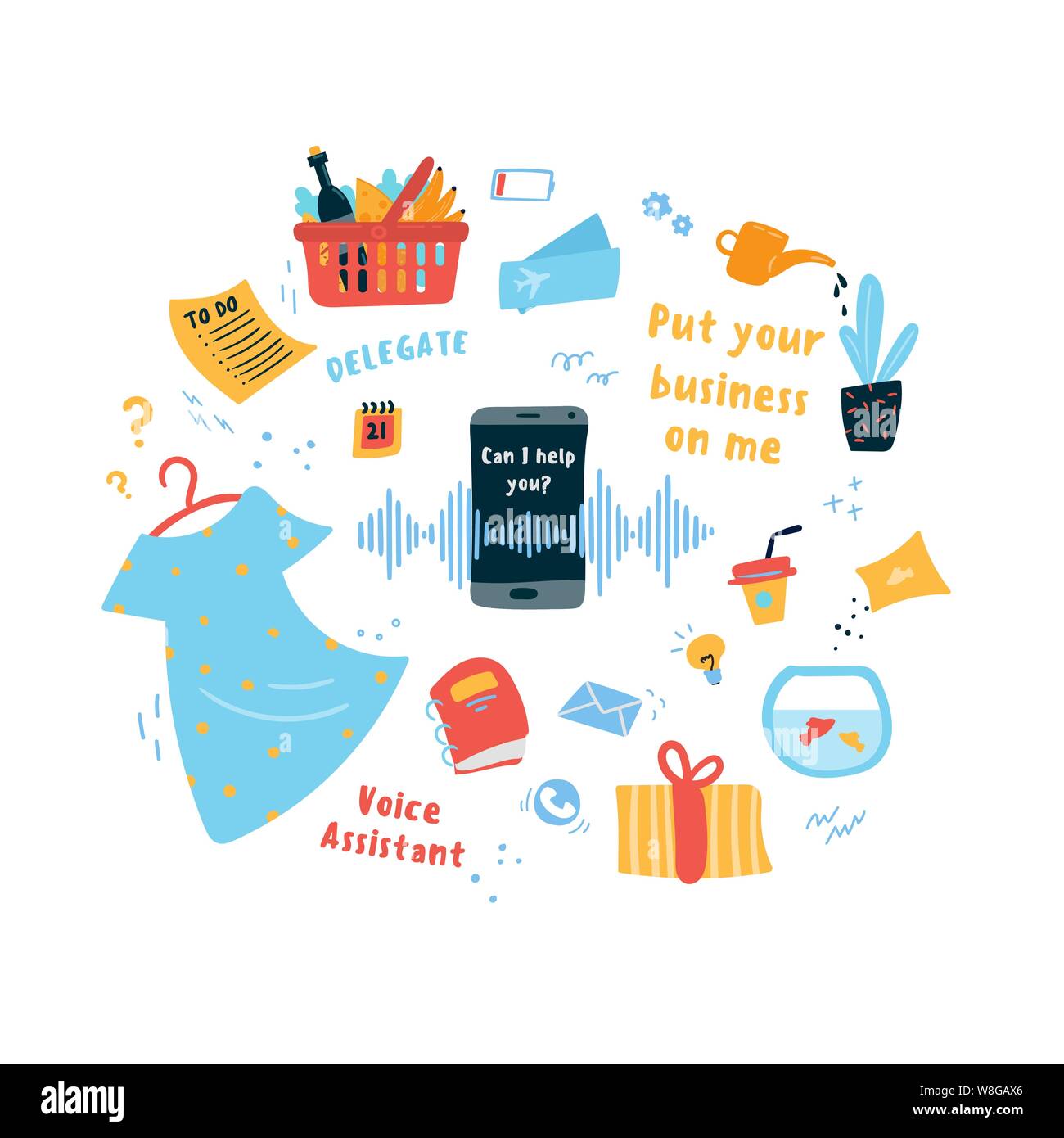 Whis telefono Assistente vocale.Ci sono molte cose da fare attività elenco intorno ad esso. Metti il tuo business sul concetto di me. Il Multitasking helper. Illustrazione Vettoriale. Illustrazione Vettoriale