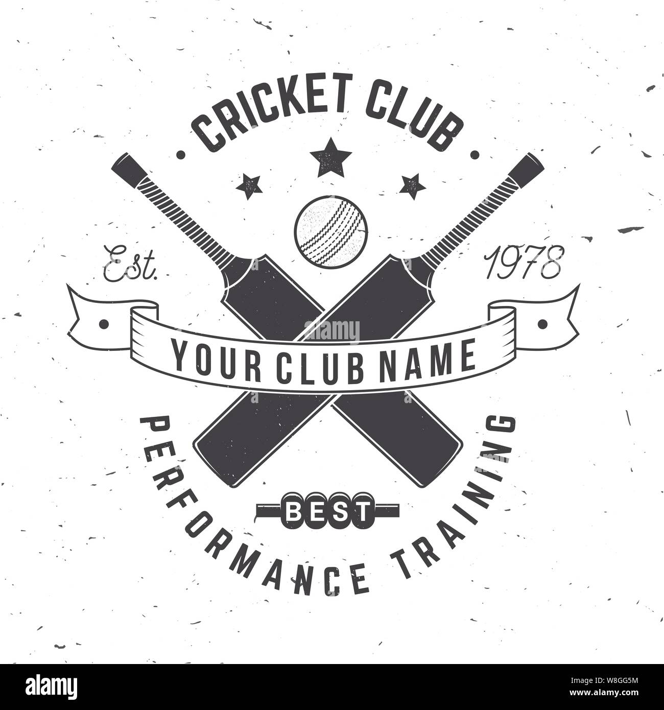 Cricket Club badge. Illustrazione Vettoriale. Concetto di t-shirt, stampare il timbro o il raccordo a t. Vintage design tipografia con il cricket bat e la sfera silhouette. Modelli per lo sport club. Illustrazione Vettoriale