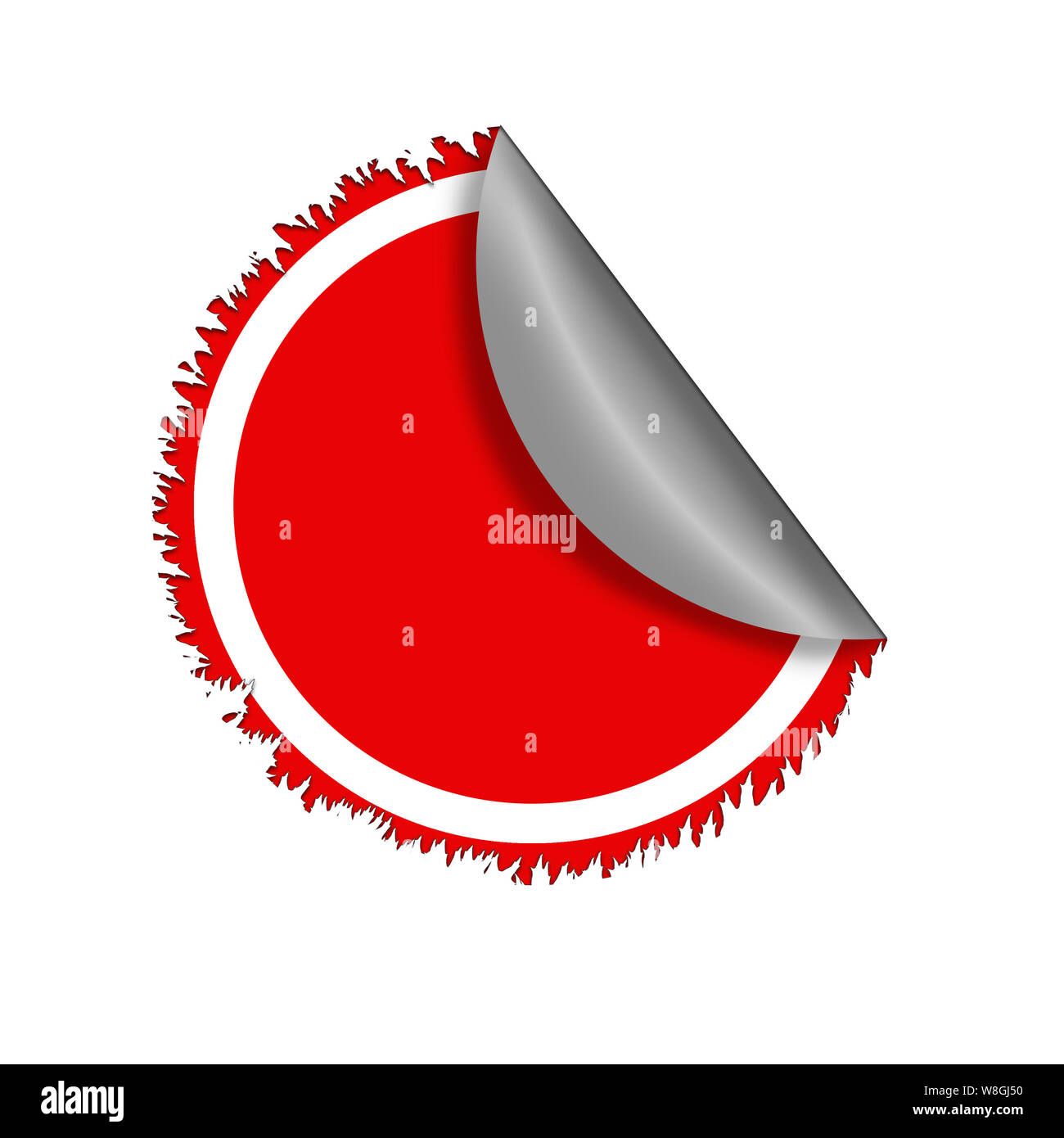 Illustrata circolare rosso con adesivo frastagliato e pelati e bordo libero lo spazio per testo isolato su sfondo bianco. Foto Stock