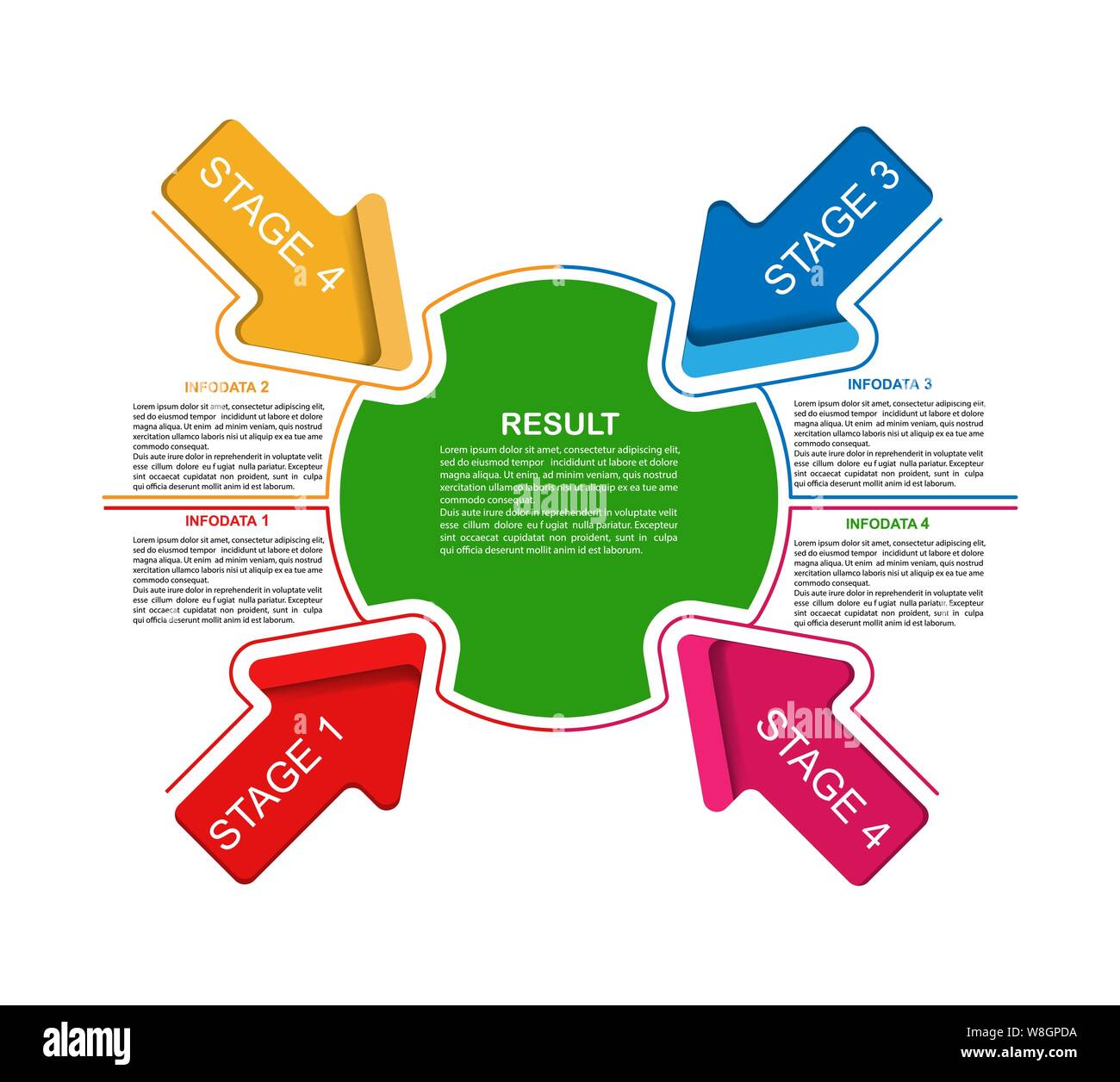 Infographics. Quattro fasi per il successo. Modello per la progettazione e la realizzazione del progetto, strategia e pianificazione delle attività di business e finanza. Quattro frecce sono direc Illustrazione Vettoriale