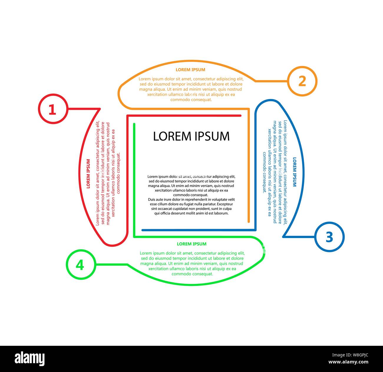 Infographics. Quattro fasi per il successo. Modello per la progettazione e la realizzazione del progetto, strategia e pianificazione delle attività di business e finanza. Illustrazione Vettoriale