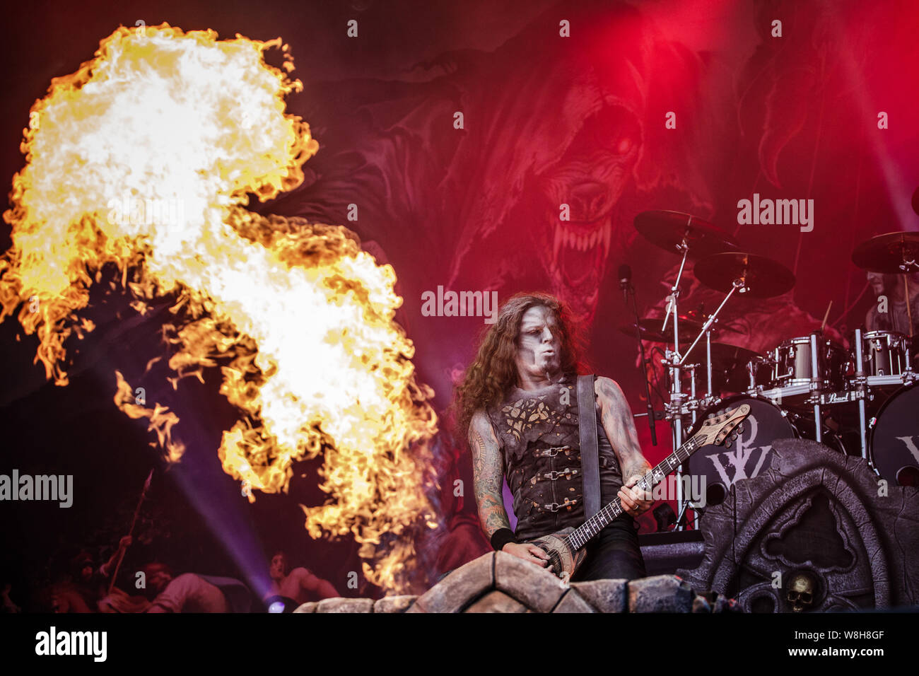 Powerwolf esibirsi dal vivo sul palco di Bloodstock Open Air Festival, UK, 9 agosto 2019. Foto Stock