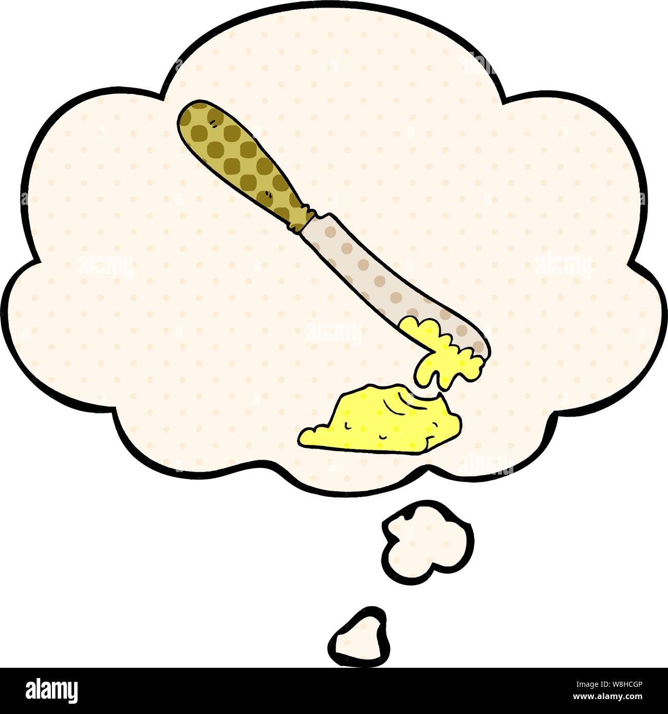 Cartoon spalmatura a coltello burro con bolle di pensiero in stile fumetto Illustrazione Vettoriale