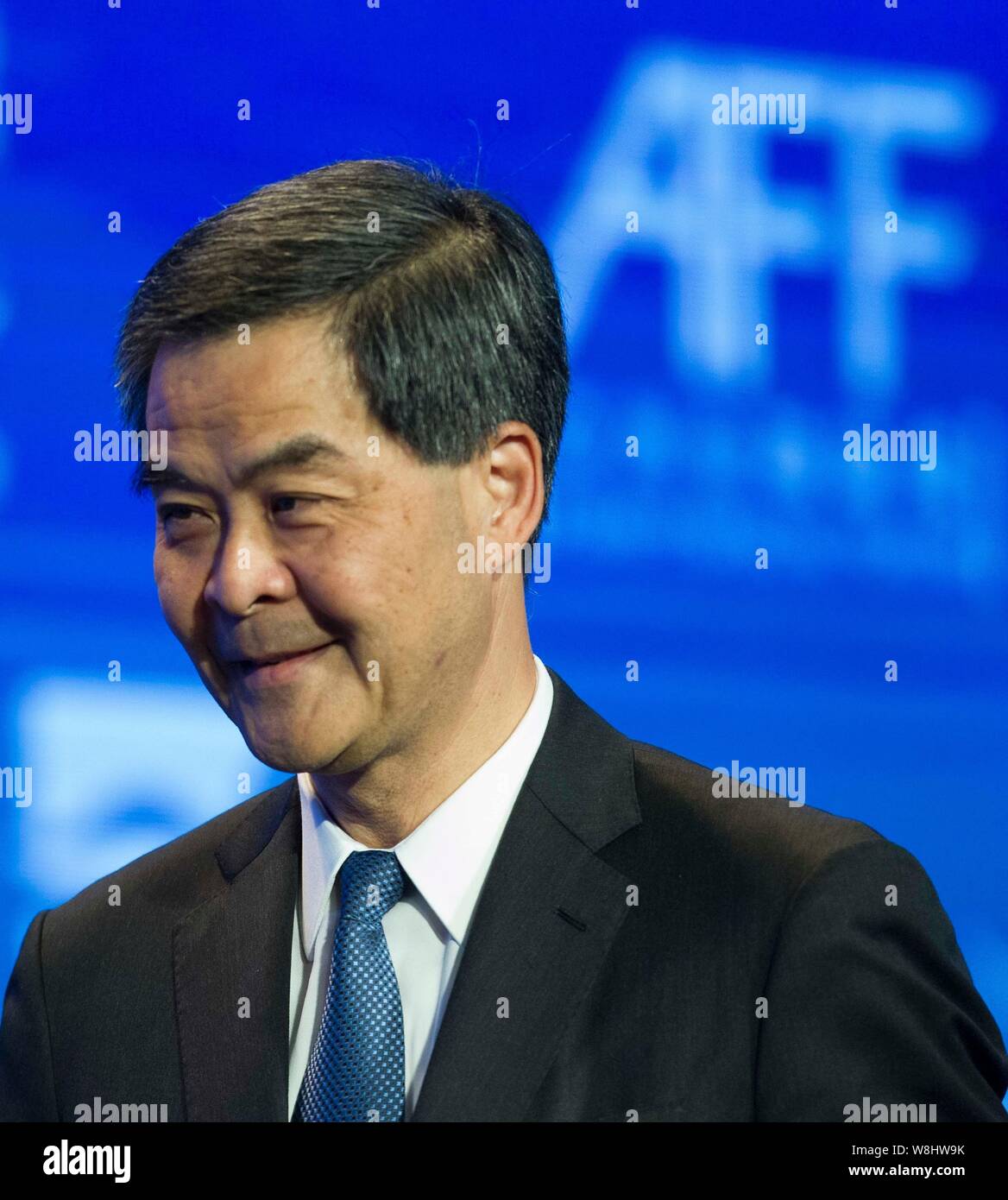 Hong Kong Chief Executive Leung Chun-ying sorrisi a 8 Asian Forum finanziario (AFF) a Hong Kong, Cina, 19 gennaio 2015. L'ottava Financ asiatica Foto Stock