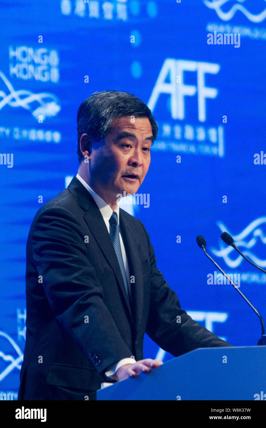 Hong Kong Chief Executive Leung Chun-ying parla all'ottavo Asian Forum finanziario (AFF) a Hong Kong, Cina, 19 gennaio 2015. L'ottava Financia asiatica Foto Stock