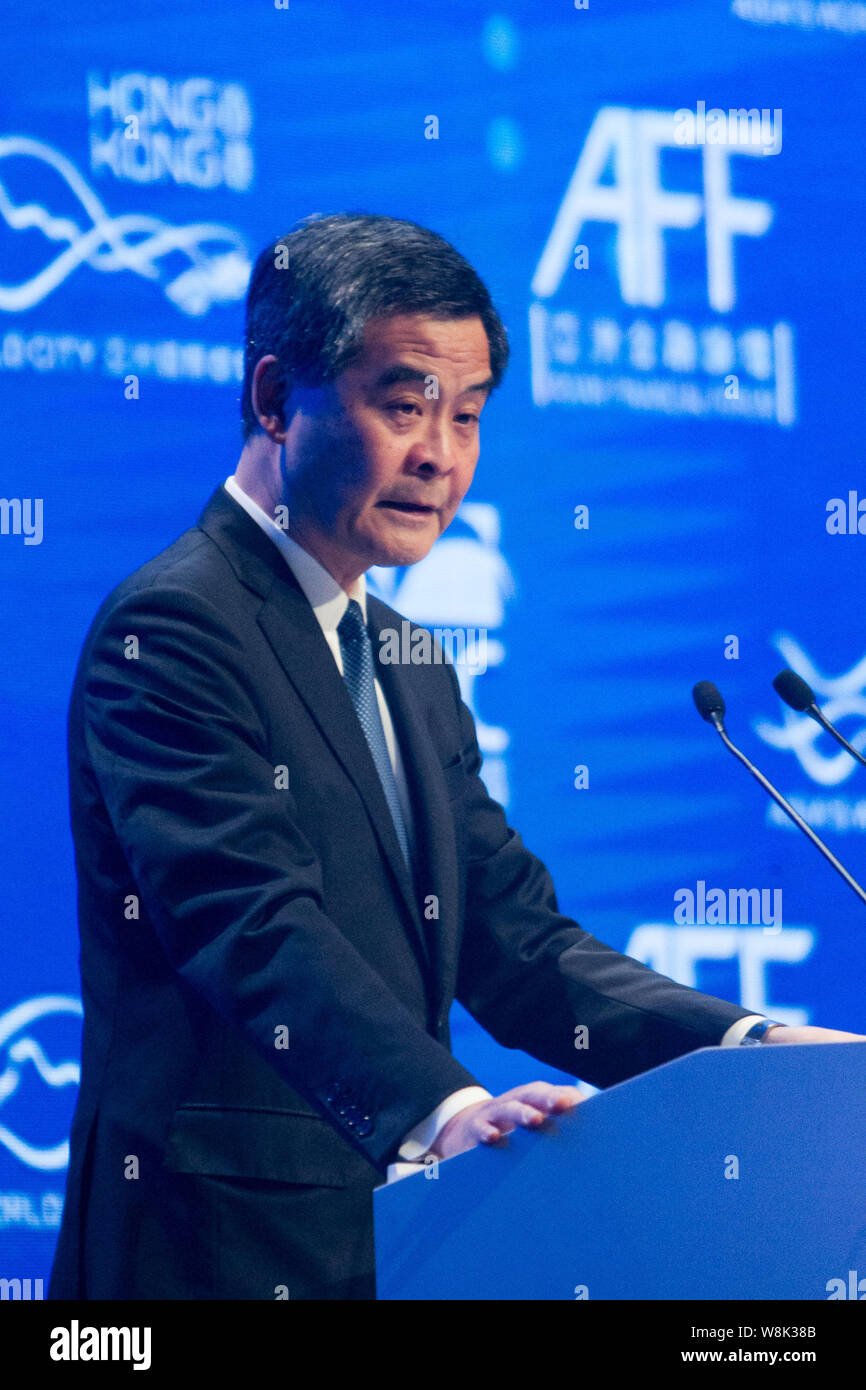 Hong Kong Chief Executive Leung Chun-ying parla all'ottavo Asian Forum finanziario (AFF) a Hong Kong, Cina, 19 gennaio 2015. L'ottava Financia asiatica Foto Stock