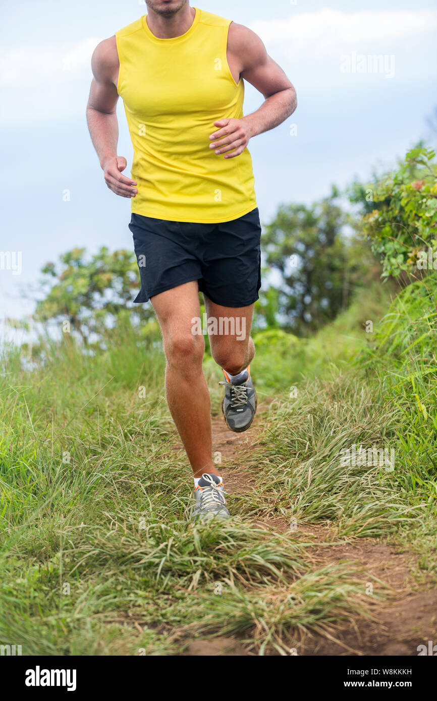 Gambe di atletica di montare runner uomo training cardio allenamento sul sentiero di fango percorso di erba in estate natura outains. Uomo sportivo corpo inferiore il raccolto per le cosce e le ginocchia concetto indossare pantaloncini corti e scarpe da corsa. Foto Stock