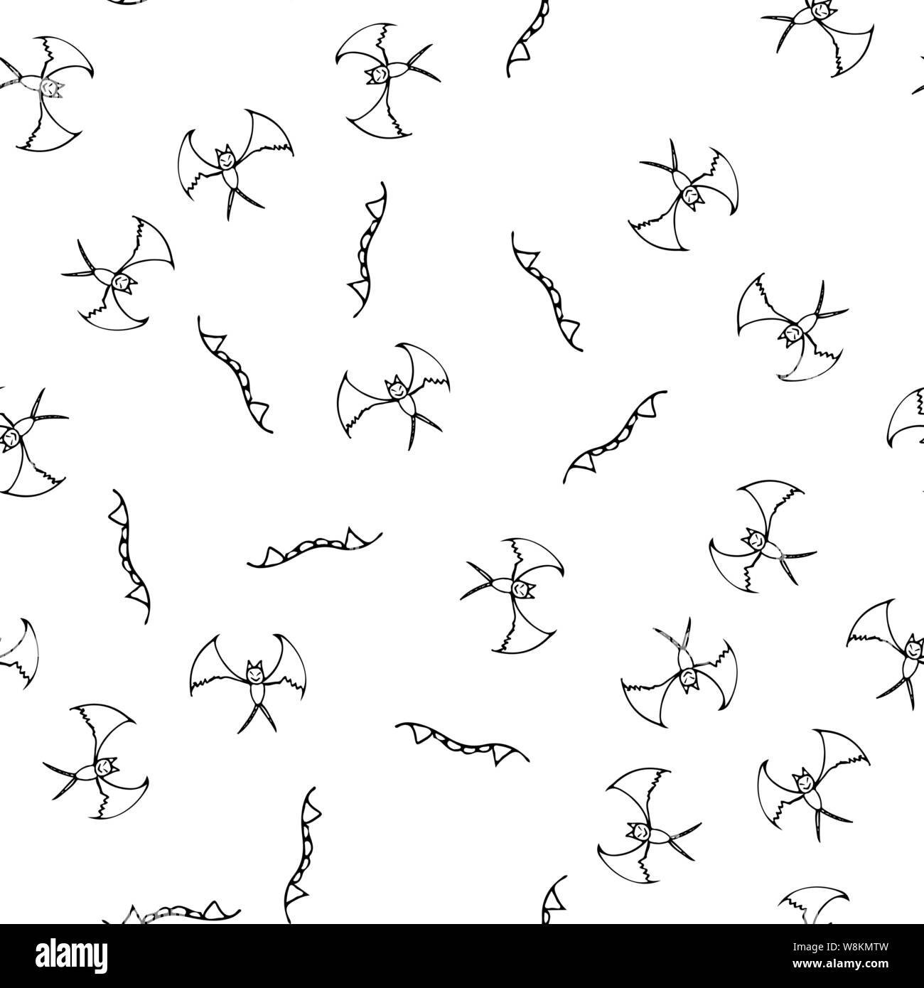 Bat e denti senza giunture contorno di Halloween in astratto stile. Bat nero e denti senza giunture contorno di Halloween su sfondo bianco. Decorazione di vacanza Illustrazione Vettoriale