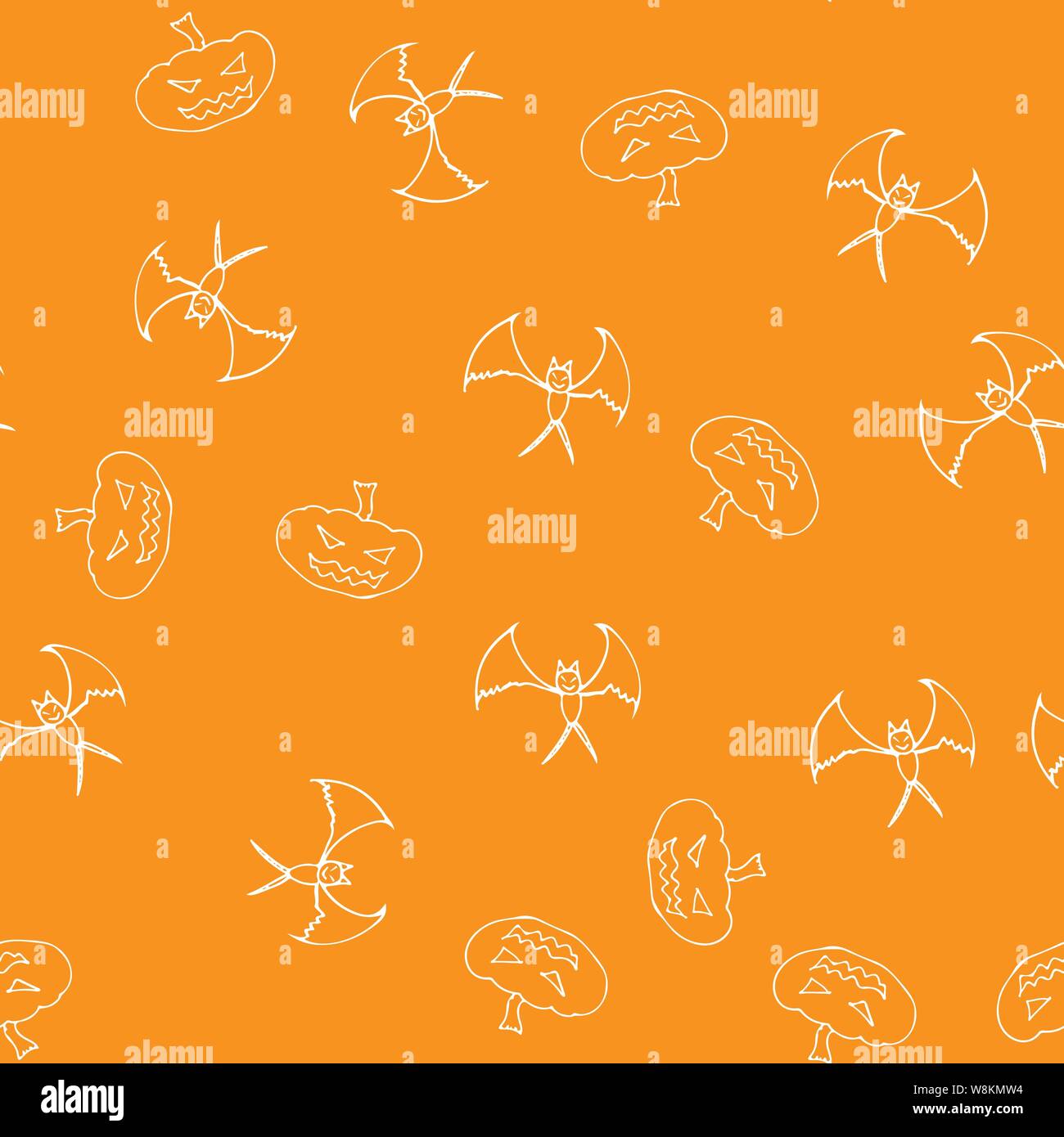 Bat e zucca di Halloween perfetta delineare in astratto stile. Pipistrelli e zucche seamless pattern contorno di Halloween su sfondo nero. Holiday de Illustrazione Vettoriale