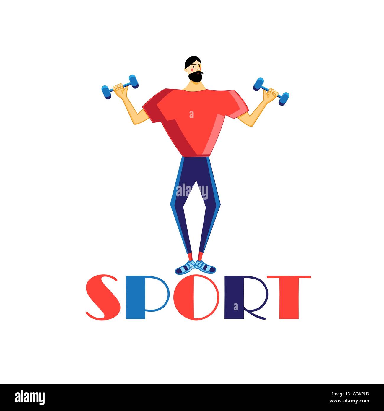 Illustrazione vettoriale di un uomo forte atleta con manubri su uno sfondo bianco. Icona pubblicitaria di un club sportivo o un sito web. Illustrazione Vettoriale