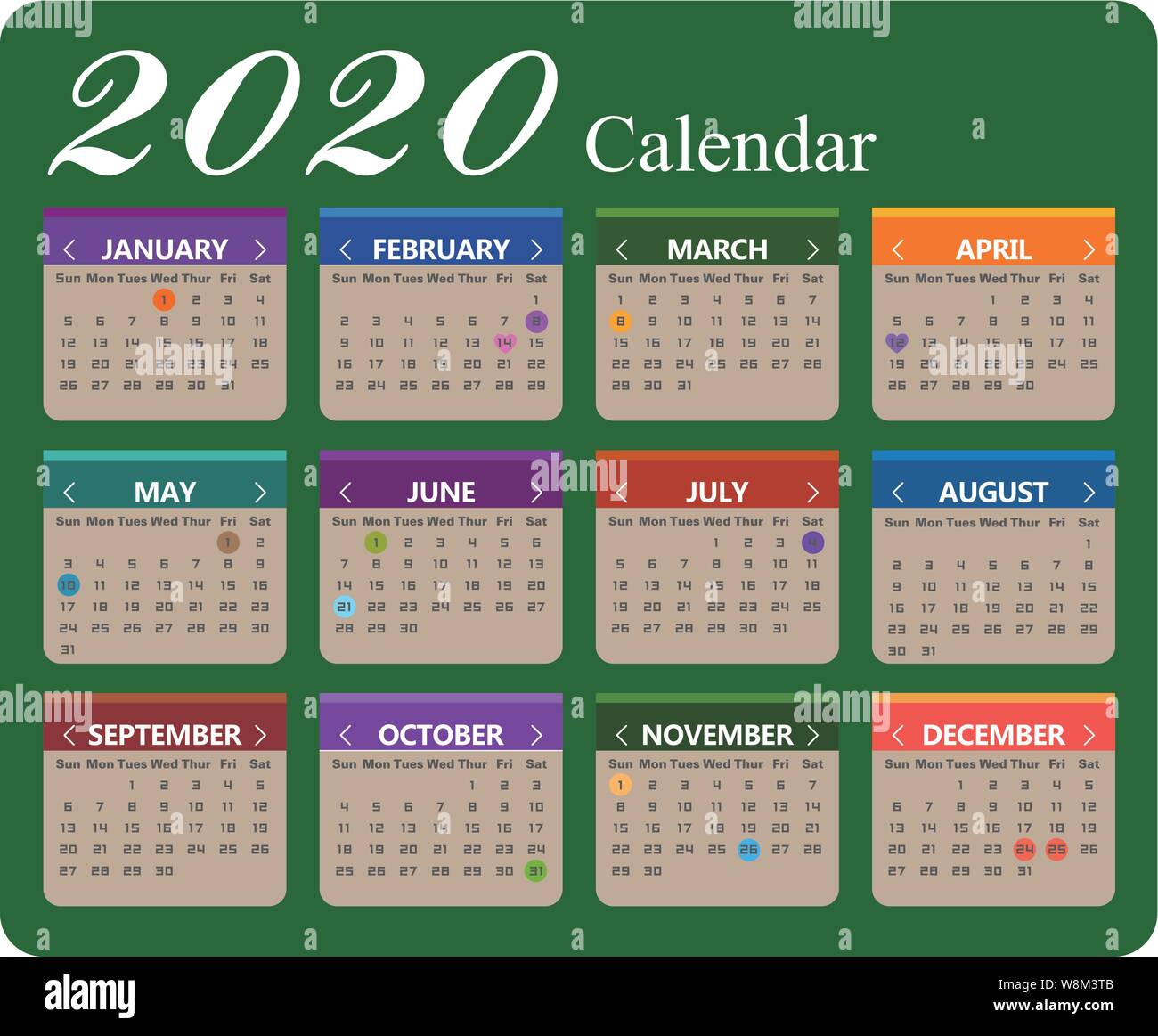 Vector anno 2020 sfondo calendario Illustrazione Vettoriale