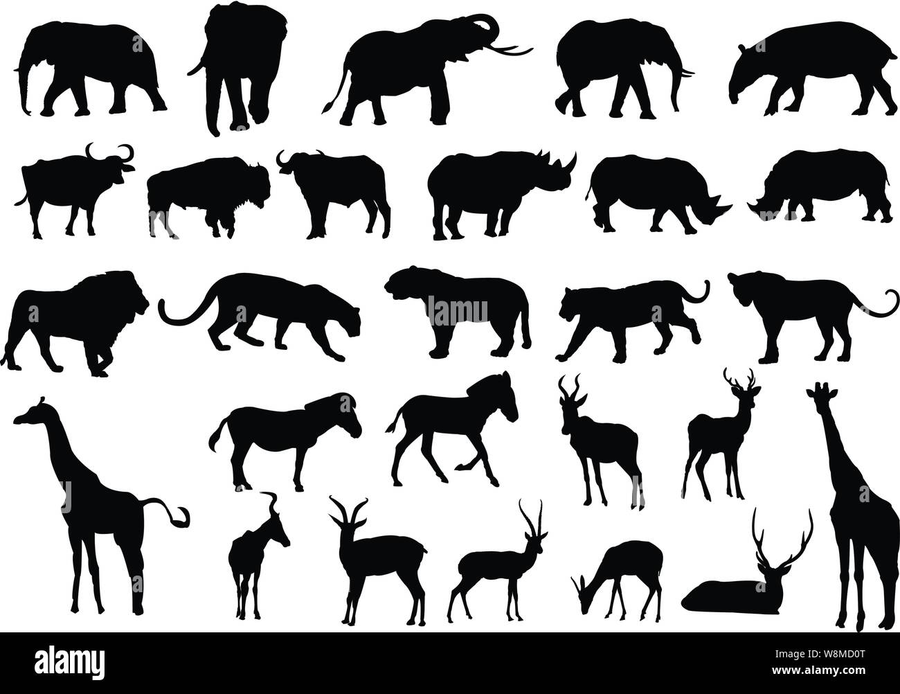 Animali selvatici silhouette nera, illustrazione di vettore isolato su bianco Illustrazione Vettoriale