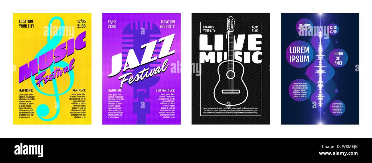 Musica jazz electronic live festival mostra poster o invito volantino copertina set. Chitarra acustica con treble clef e microfono retrò con onda sonora. Stampa musicale vettoriale illustrazione A3 A4 Illustrazione Vettoriale