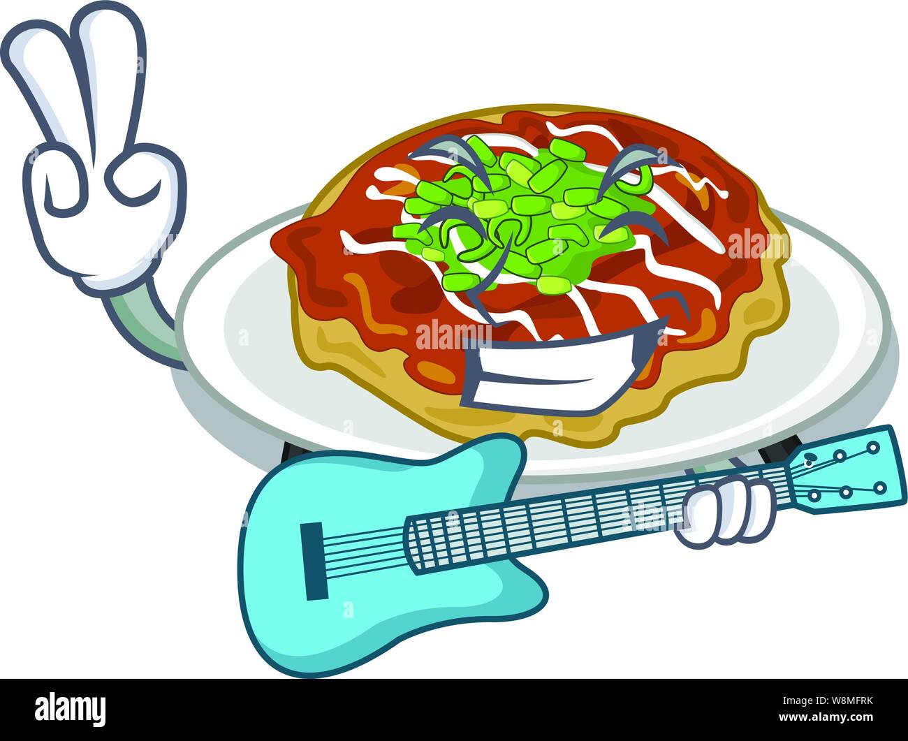Con guitar okonomiyaki isolato con il personaggio Illustrazione Vettoriale