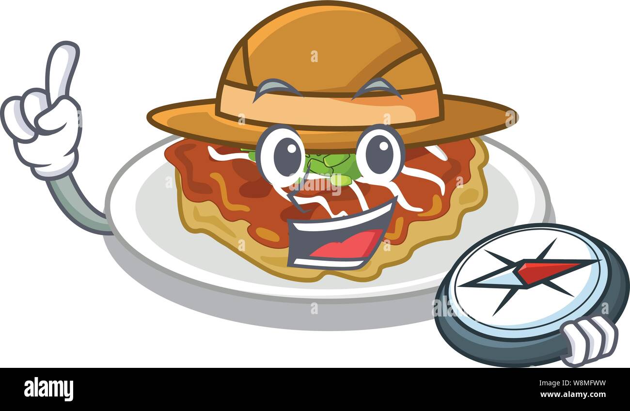 Explorer okonomiyaki isolato con il personaggio Illustrazione Vettoriale