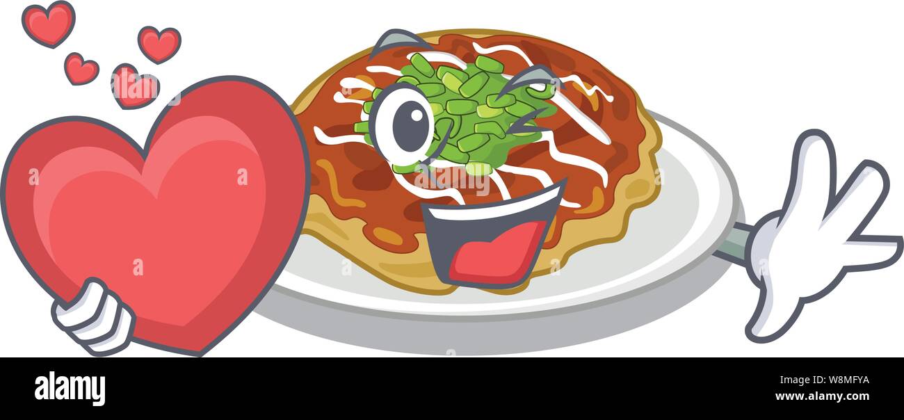 Con cuore okonomiyaki isolato con il personaggio Illustrazione Vettoriale