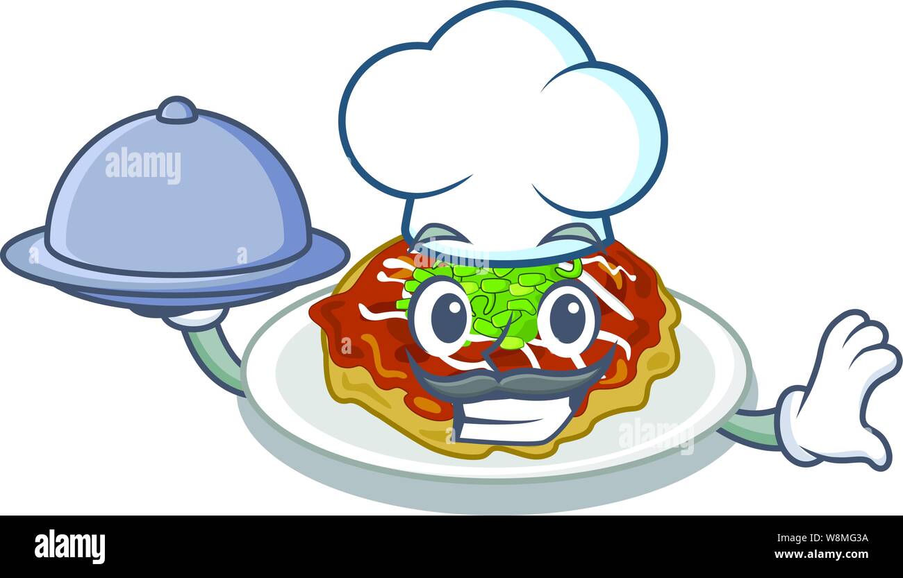 Lo Chef con il cibo okonomiyaki isolato con il personaggio Illustrazione Vettoriale