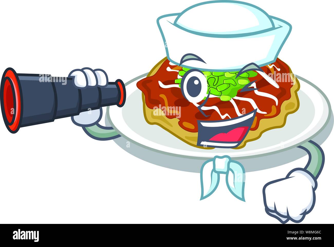 Marinaio con il binocolo okonomiyaki isolato con il personaggio Illustrazione Vettoriale