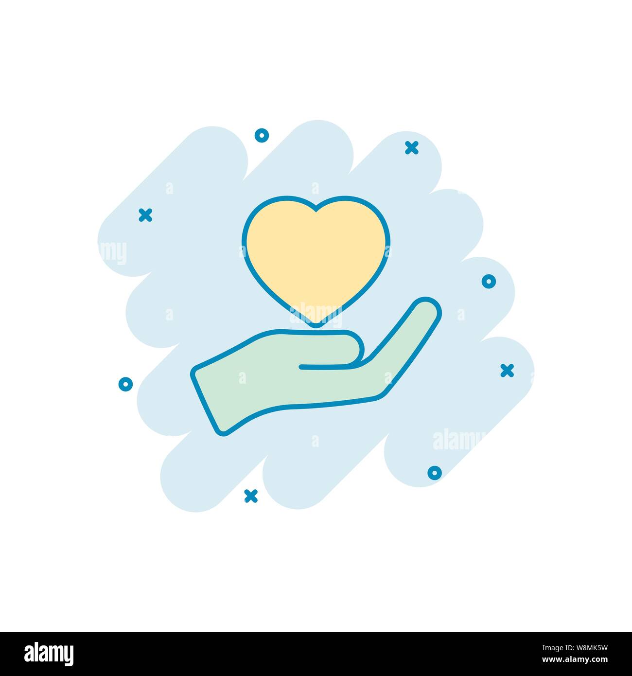Cuore icona di cura in stile fumetto. Vettore di carità cartoon illustrazione in bianco sullo sfondo isolato. Amore in mano il concetto di business effetto splash. Illustrazione Vettoriale