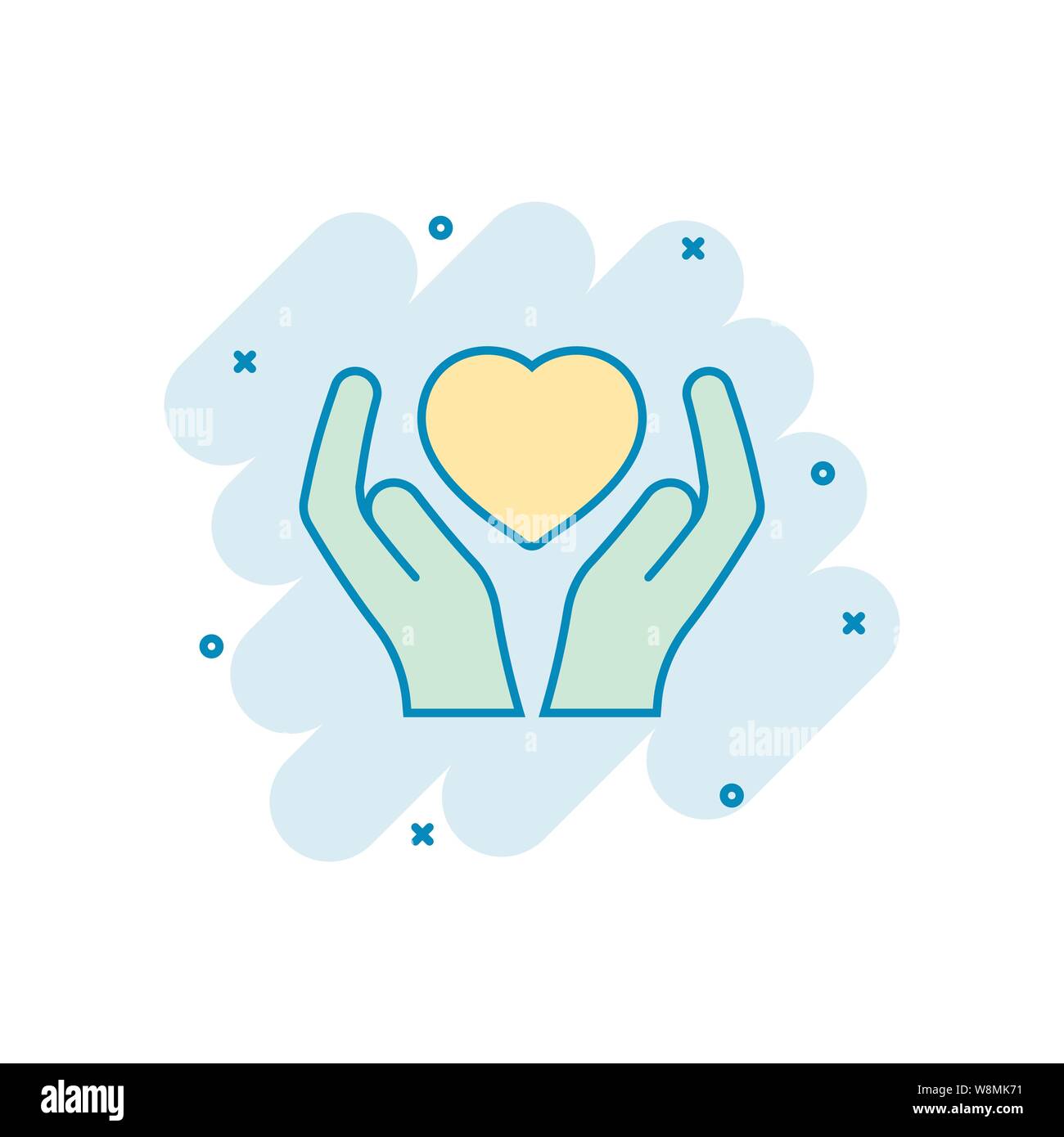 Cuore icona di cura in stile fumetto. Vettore di carità cartoon illustrazione in bianco sullo sfondo isolato. Amore in mano il concetto di business effetto splash. Illustrazione Vettoriale