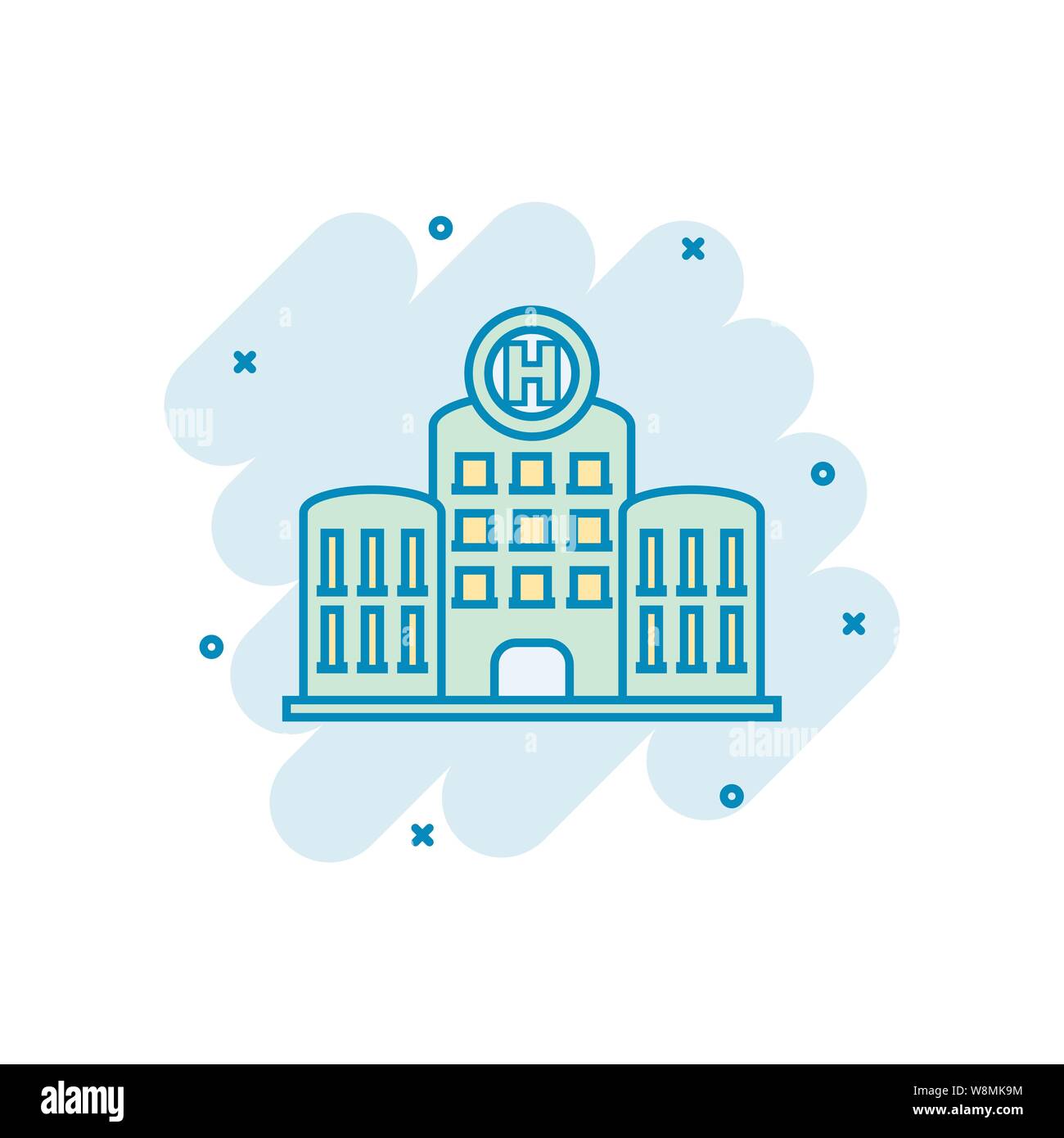 Ospedale icona in stile fumetto. Infermeria vettore illustrazione cartoon bianco su sfondo isolato. Medical ambulance concetto aziendale splash e Illustrazione Vettoriale