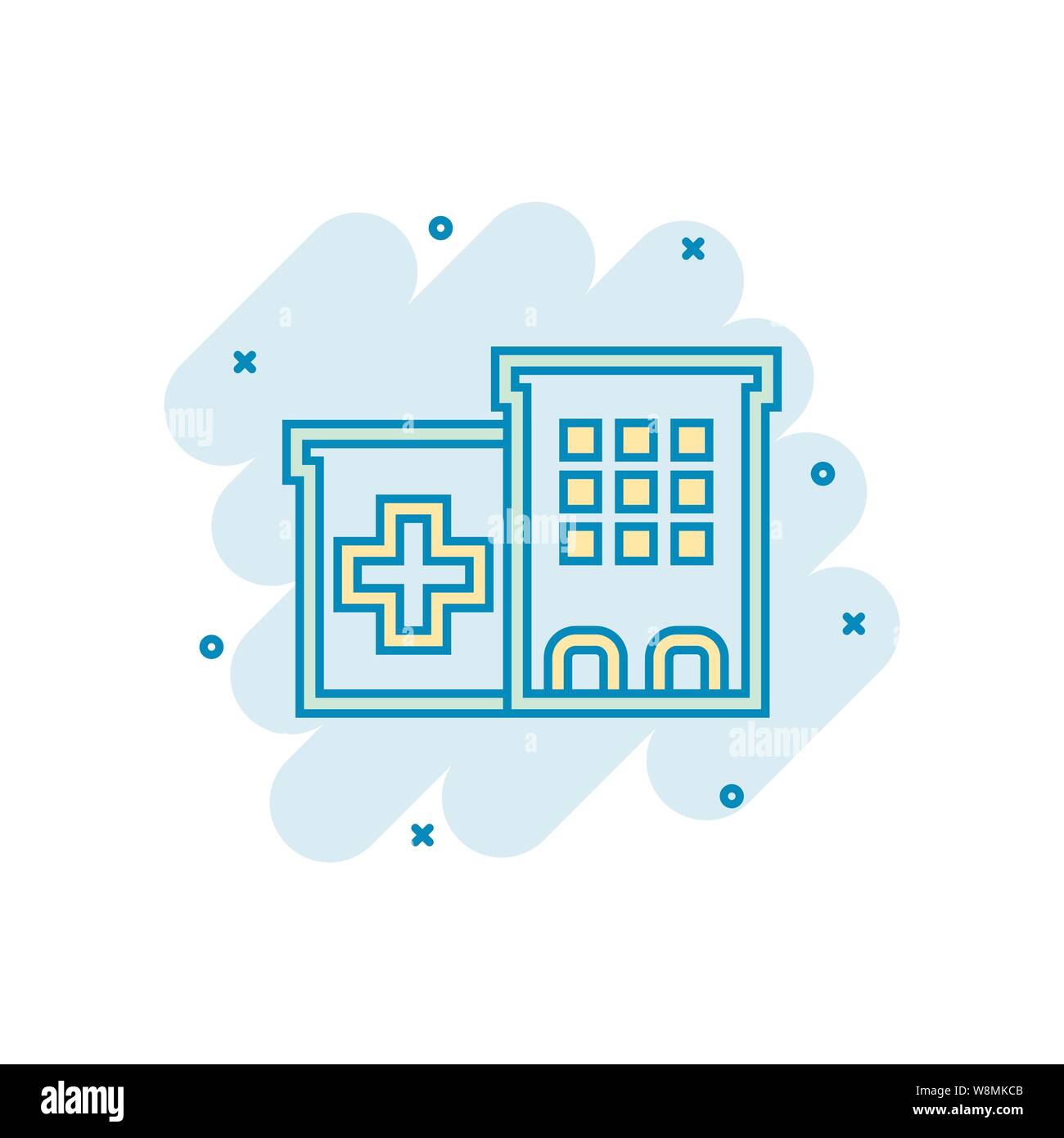 Ospedale icona in stile fumetto. Infermeria vettore illustrazione cartoon bianco su sfondo isolato. Medical ambulance concetto aziendale splash e Illustrazione Vettoriale