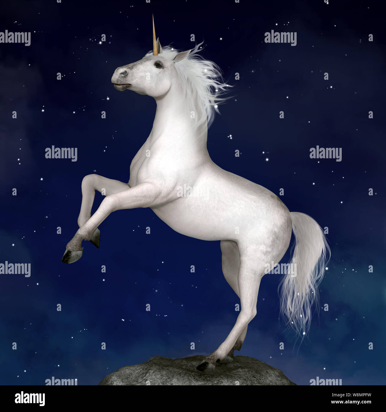 Il baluardo di bianco unicorn su una notte blu sullo sfondo Foto Stock