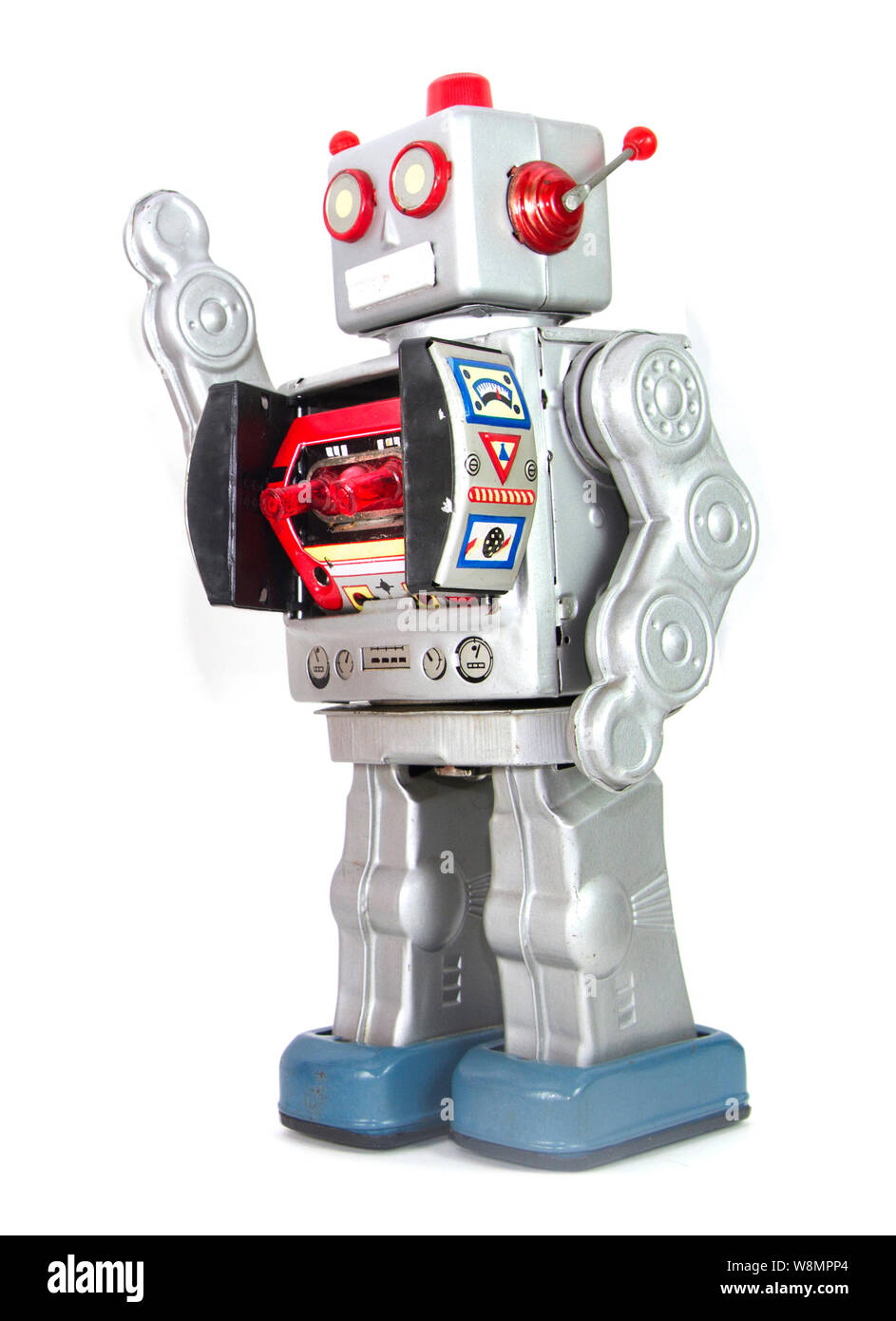 Argento retrò robot è sventolata isolato su bianco Foto Stock