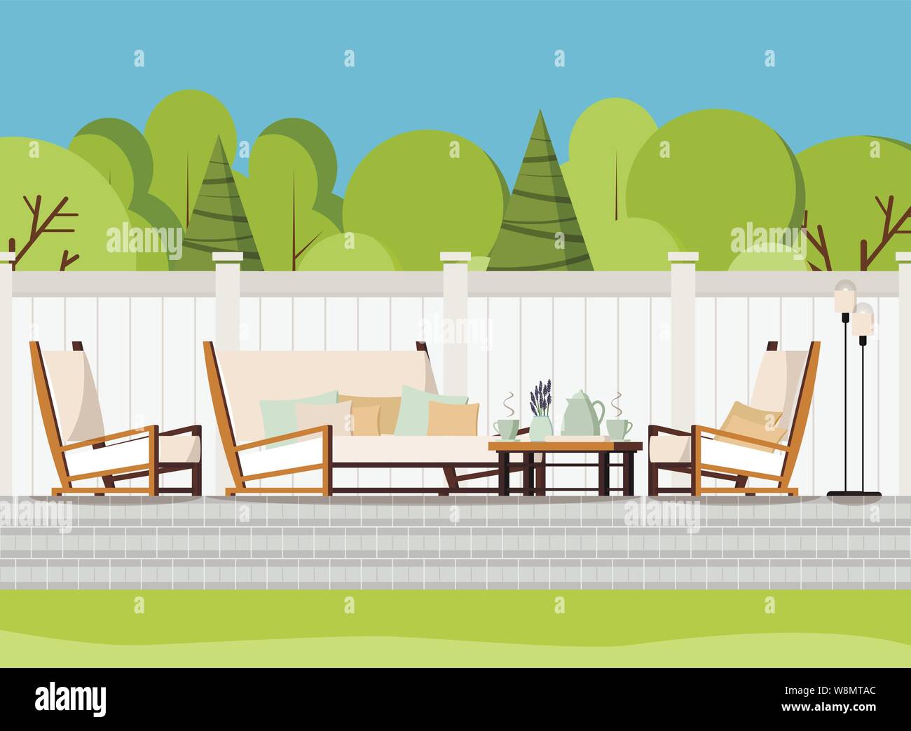 Portico rilassante zona cortile privato patio ritiro con paese esterno soffice divano, tavolo con tazze di tè e fiori, poltrone e lampade Illustrazione Vettoriale