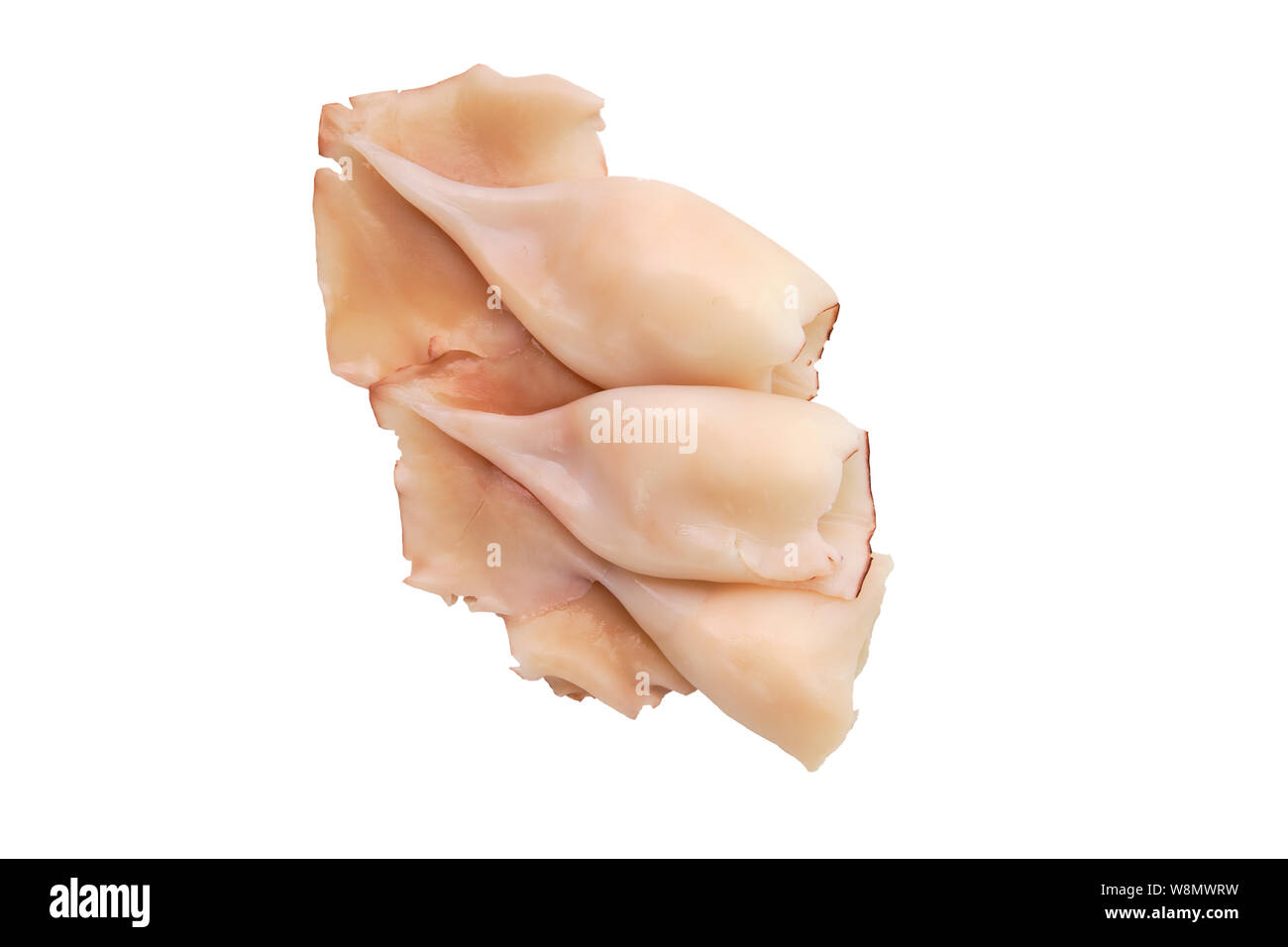 Vista dall'alto di disperse squid isolato su bianco Foto Stock